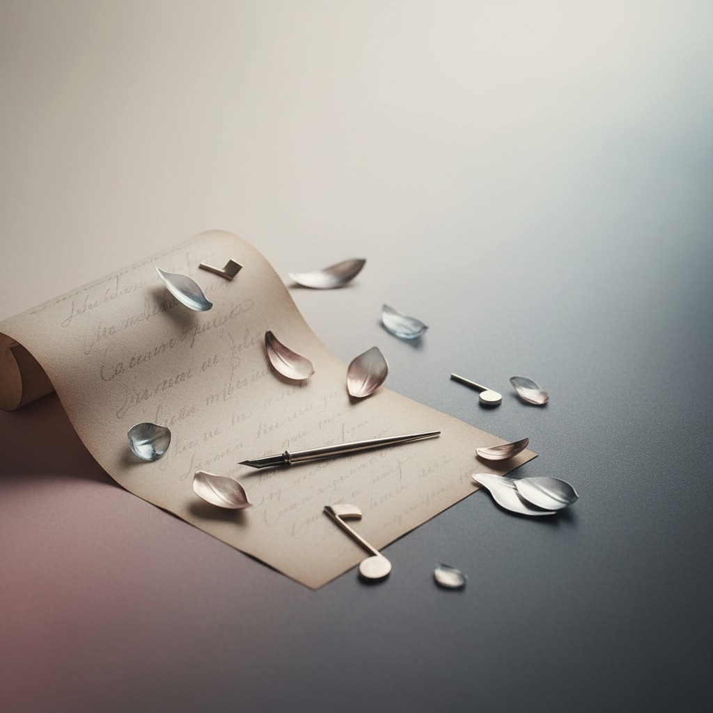 A beige rolled up paper with handwriting, scattered flower petals, and a pen.