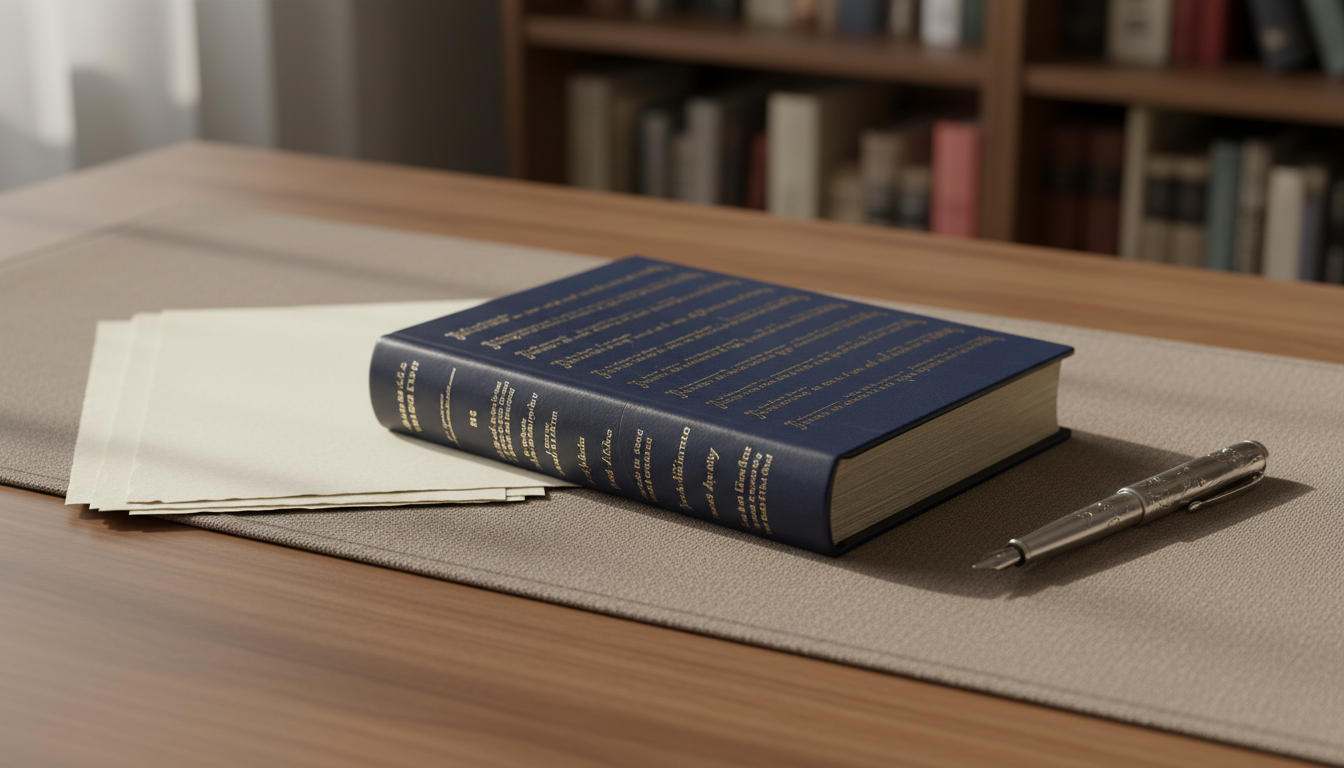 A finely bound, deep navy leather journal embossed with subtle gold foil lyrics and verses, its matte cover showing gentle wear from frequent handling. The journal rests among neatly stacked cream parchment sheets and a vintage silver fountain pen with an elegant silhouette. All are arranged atop a walnut writing desk with a soft, muted taupe runner, backed by a blurred bookshelf of poetry anthologies. Soft, diffused morning light from an unseen window casts refined highlights and gentle shadows on the textures, evoking a calm, contemplative atmosphere. Captured from an eye-level, centered composition with shallow depth of field, the image creates a sophisticated, minimalist photographic aesthetic, suitable as a universal visual for a lyrics and poetry catalog.