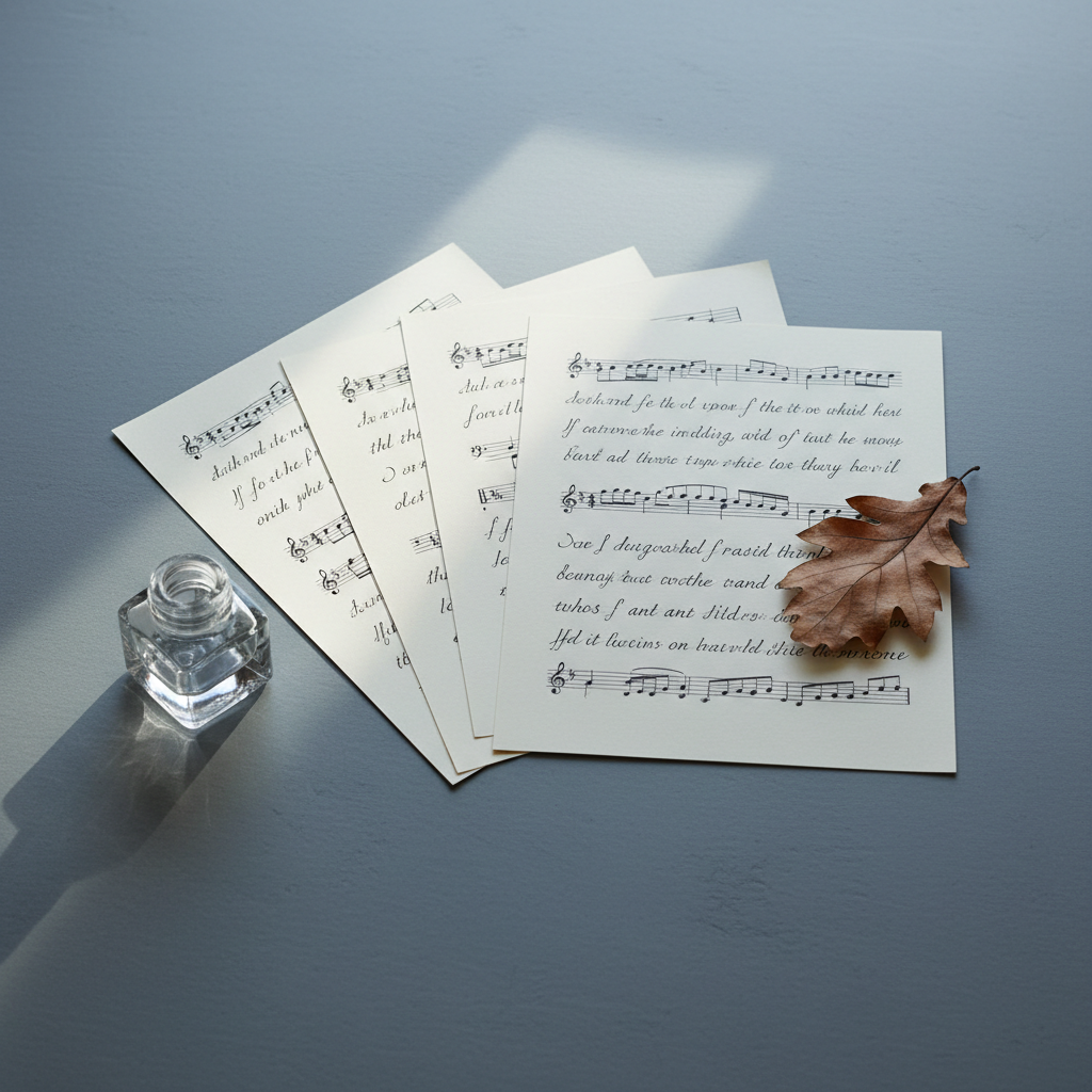 A minimalist arrangement of elegant ivory sheets of paper, each adorned with hints of handwritten lyrics in delicate black ink, the script flowing gracefully across the page. The sheets rest on a smooth, slate-grey surface, flanked by a slender crystal inkwell and a single, bronzed oak leaf as a subtle accent. Cool, overcast daylight filters through the scene, creating a soft gradient across the paper, while fine lines and shadows contribute to a serene, thoughtful mood. Photographed from a slightly elevated angle with a balanced, rule-of-thirds composition, the result exudes refined elegance and understated luxury, offering a visually compelling nod to lyricism and literary craft.